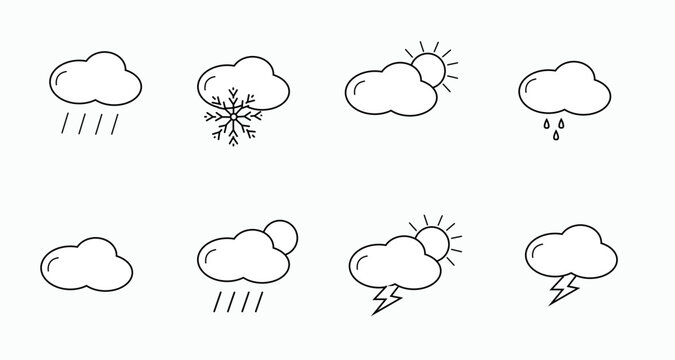 Vector weather clouds in cartoon style. White isolated background. Concept graphic design element. cloud collection. Summer, weather, nature, space concept. Clear sky.