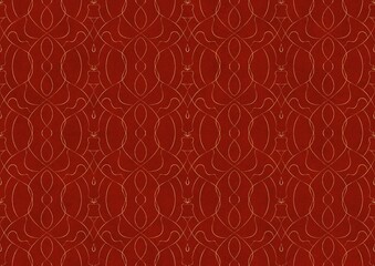 Hand-drawn unique abstract symmetrical seamless gold ornament on a bright red background. Paper texture. Digital artwork, A4. (pattern: p08-1c)