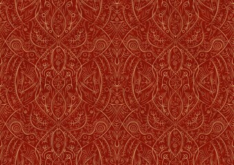 Hand-drawn unique abstract symmetrical seamless gold ornament on a bright red background. Paper texture. Digital artwork, A4. (pattern: p08-2b)