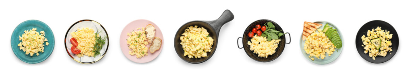 Collage of tasty scrambled eggs on white background