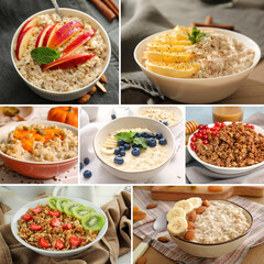 Collage of sweet oatmeal with fruits and berries
