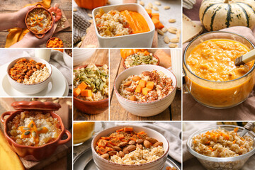 Collage of sweet oatmeal with pumpkins and nuts