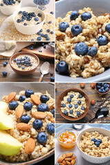 Collage of sweet oatmeal with fruits and berries