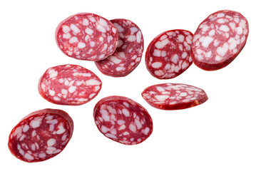 Pieces of sausage are flying on a white background.