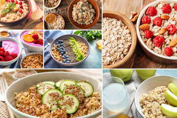 Collage of sweet oatmeal with fruits and berries