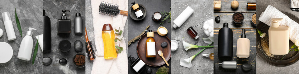 Collage of natural cosmetics for bathing and supplies