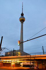 Berliner Fernsehturm, the Berlin TV tower by night from the street