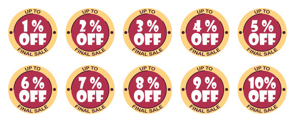 Set of discounts 1, 2, 3, 4, 5, 6, 7, 8, 9, 10 % percent. Sale tags set vector badges template, label symbols, discount promotion flat icon. Up to percent off final sale isolated on white background