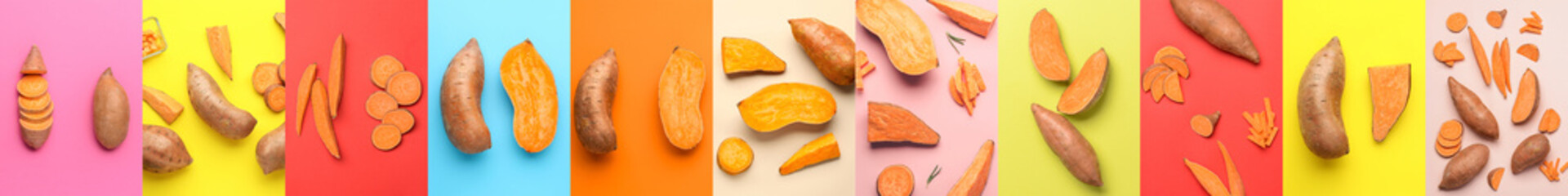Collage of healthy sweet potatoes on color background