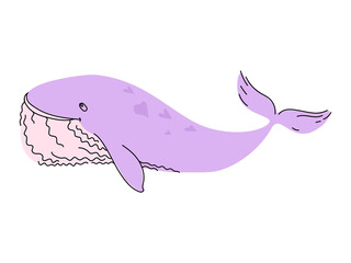 Pink manatee whale in doodle style on a transparent background.