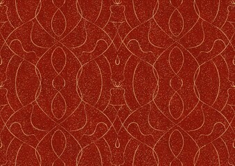 Fototapeta premium Hand-drawn unique abstract symmetrical seamless gold ornament with splatters of golden glitter on a bright red background. Paper texture. Digital artwork, A4. (pattern: p08-1b)