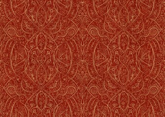 Hand-drawn unique abstract symmetrical seamless gold ornament with splatters of golden glitter on a bright red background. Paper texture. Digital artwork, A4. (pattern: p08-2b)
