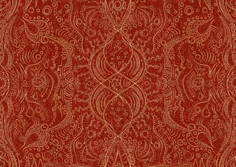 Hand-drawn unique abstract symmetrical seamless gold ornament with splatters of golden glitter on a bright red background. Paper texture. Digital artwork, A4. (pattern: p09a)