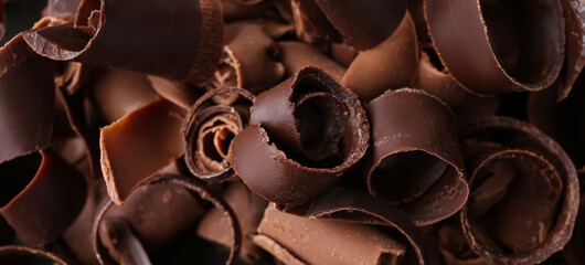Delicious chocolate curls, closeup view
