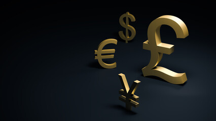 Gold-plated British Pound Sterling symbol rises above the symbols of other currencies on a dark background with space for text or a logo. 3D rendering. The concept of finance, exchange rates, forex - obrazy, fototapety, plakaty