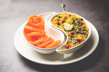 Aloo Poha with Jalebi, snack combination also called imarti and kande pohe