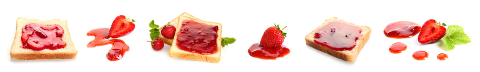 Set of sweet strawberry jam and toasts isolated on white