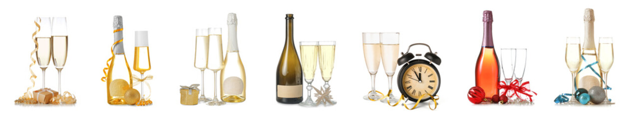 Set of champagne with Christmas decor isolated on white