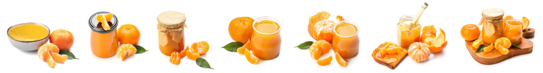 Set of tasty tangerine jam isolated on white