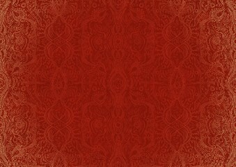 Hand-drawn unique abstract ornament. Light red on a bright red background, with vignette of same pattern and splatters in golden glitter. Paper texture. Digital artwork, A4. (pattern: p09b)