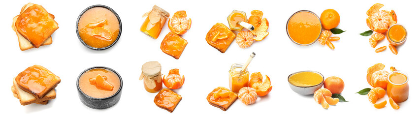 Set of tasty tangerine jam isolated on white