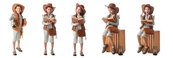 Set of cute little adventurer with book on white background