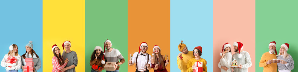 Fototapeta premium Set of happy family members celebrating Christmas and New Year on color background