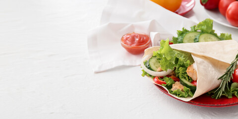 Plate with tasty doner kebab on white background with space for text, closeup