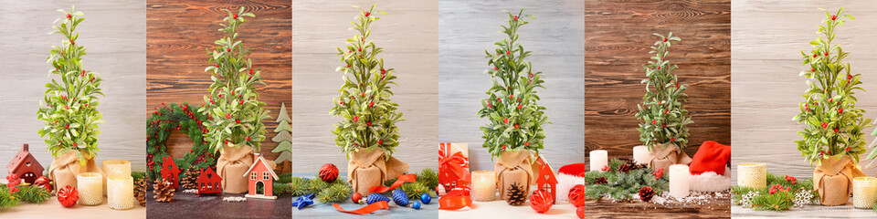 Collage with mistletoe, Christmas decor and gifts