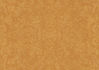 Hand-drawn unique abstract symmetrical seamless gold ornament on a yellow background. Paper texture. Digital artwork, A4. (pattern: p06a)