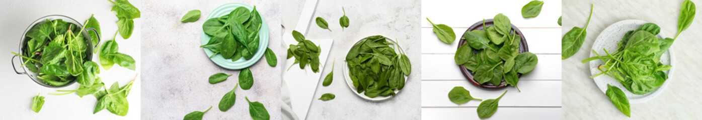 Collage with many fresh spinach on light background, top view