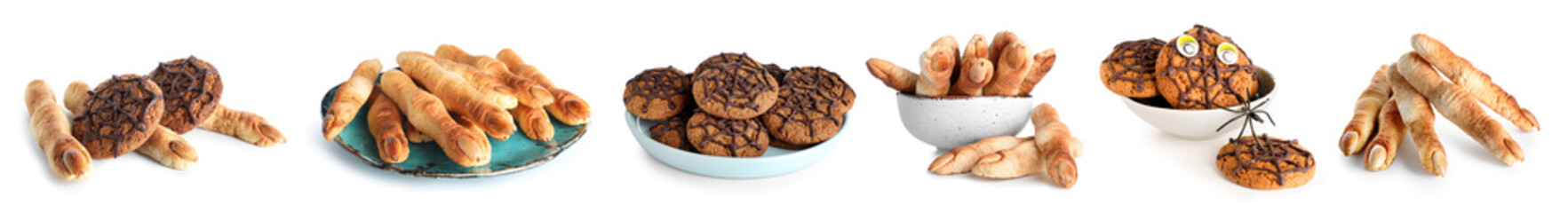 Collage of creative Halloween cookies on white background