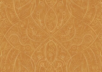 Hand-drawn unique abstract symmetrical seamless gold ornament on a yellow background. Paper texture. Digital artwork, A4. (pattern: p08-2a)