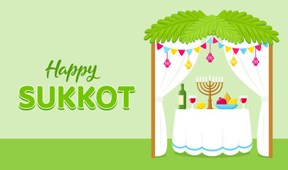 Happy Sukkot cute cartoon Sukkah