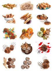 Group of creative Halloween cookies on white background