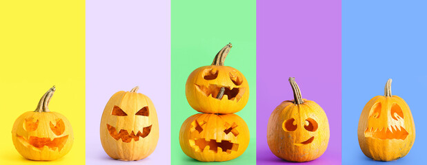 Collage of Halloween pumpkins on color background