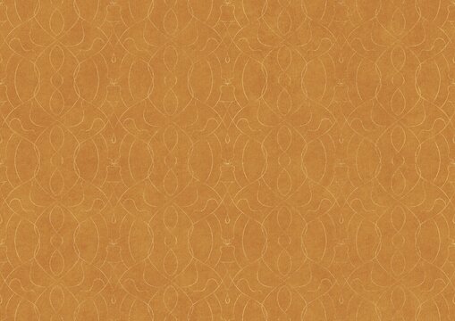 Hand-drawn unique abstract symmetrical seamless gold ornament on a yellow background. Paper texture. Digital artwork, A4. (pattern: p08-1c)