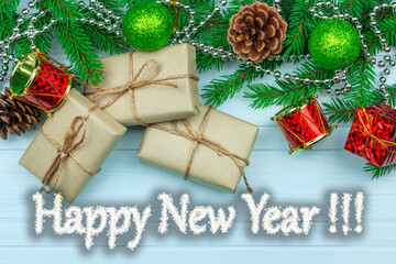 Happy New Year, Christmas card, Christmas tree branches, decorations and gift boxes, copy space