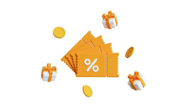 3d yellow coupons with white gifts, with gold coins on isolated background. Promotion for your ads with present box and voucher. 3d rendering illustration.