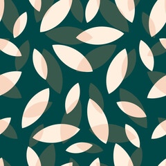 Autumn leaf fall on a green background. Seamless cute pattern with leaves or grains in pink. Autumn colorful textile print. Vector.