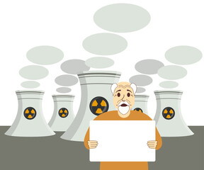 European elderly grandfather protests with a blank poster against the backdrop of nuclear power plants, shouts and swears. Old man struggle equality. Nuclear plant for clean green energy production