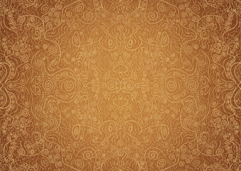 Hand-drawn unique abstract gold ornament on a yellow background, with vignette of darker background color and splatters of golden glitter. Paper texture. Digital artwork, A4. (pattern: p06a)