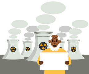 Black elderly grandfather protests with a blank poster against the backdrop of nuclear power plants, shouting and swearing. Nuclear plant for clean green energy production. Old man struggle equality