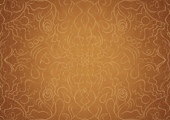 Hand-drawn unique abstract gold ornament on a yellow background, with vignette of darker background color and splatters of golden glitter. Paper texture. Digital artwork, A4. (pattern: p07-1a)