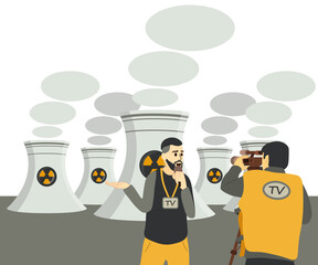 Film crew is reporting on the TV channel against the backdrop of nuclear power plants. Operator and presenter are at the scene. Nuclear plant for clean green energy production flat vector illustration