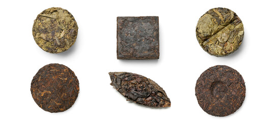 Set of dry pressed puer tea on white background, top view