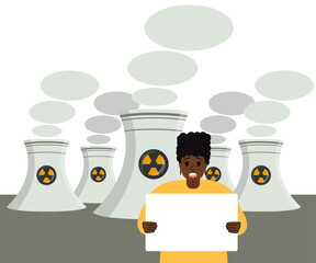 Black young girl protests with a blank placard on the background of nuclear power plants. Independent strong woman. Nuclear plant for energy production. Clean green energy without emissions of gases