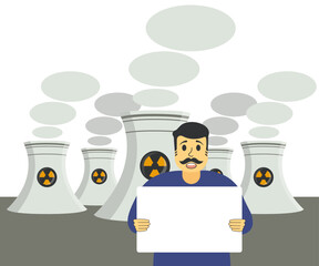 Man with a blank poster against backdrop of nuclear power plants stands construction worldwide. Nuclear plant for clean green energy production have a good effect business and finances country