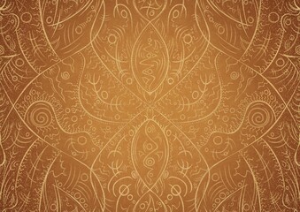 Hand-drawn unique abstract gold ornament on a yellow background, with vignette of darker background color and splatters of golden glitter. Paper texture. Digital artwork, A4. (pattern: p08-2a)