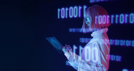 Woman with futuristic tablet in hand. Girl in glasses of virtual reality. Augmented reality, future...